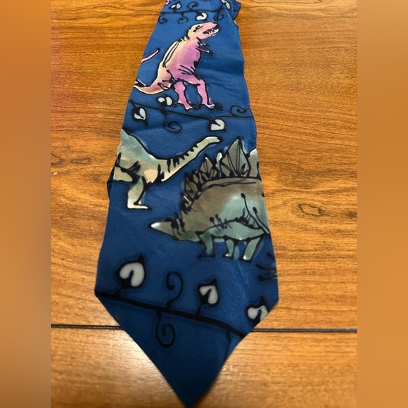 Vintage Robert Daskal Handpainted Silk Tie – Blue w/ Dinosaurs - Picture 1 of 4